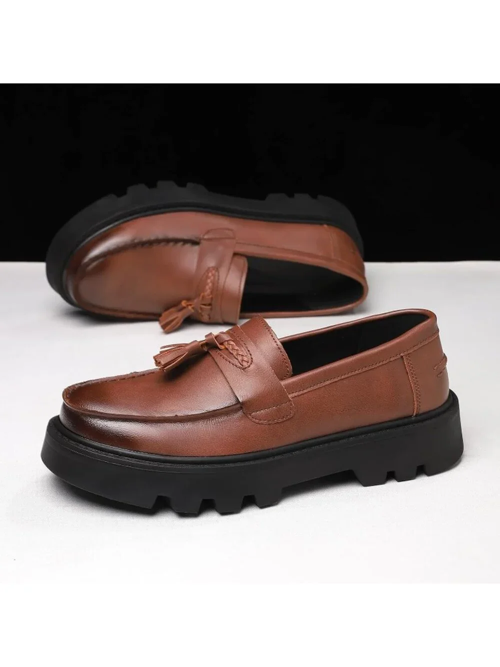 Men's Brown Patent Leather Loafers Chunky Heel Tassel Slip On Dress Shoes